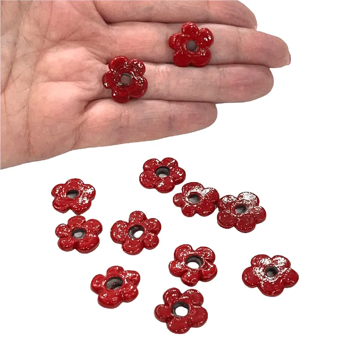 Hand Made Murano Glass Large Hole Red Flower Beads 10 Beads in a pack Peppy Beads Earrings