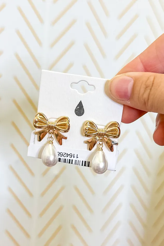 Judson Linked Metal Tone Bow Pearl Post Drop Earrings Earrings