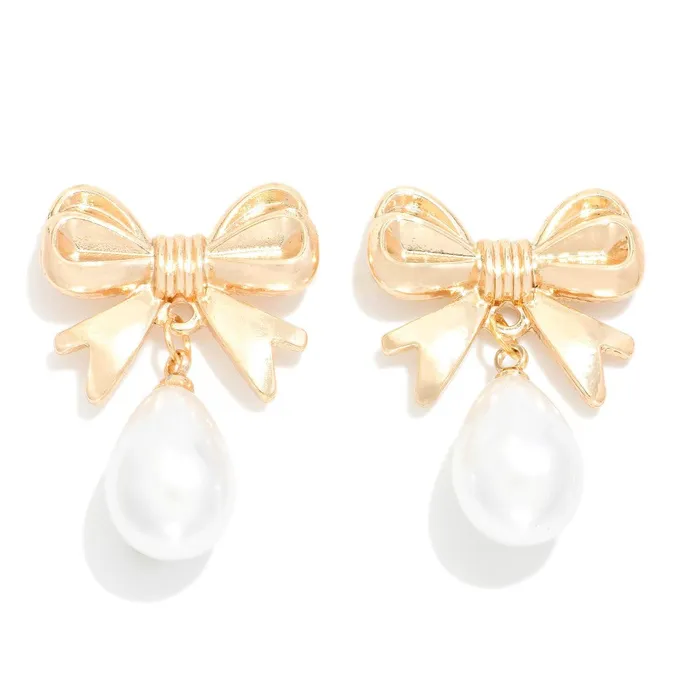 Judson Linked Metal Tone Bow Pearl Post Drop Earrings Earrings