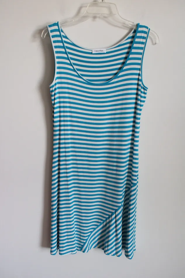 Rings Calvin Klein Calvin Klein Blue White Striped Rayon Dress L