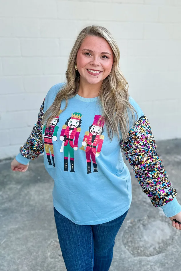 Southern Grace Rings Nutcrackers with Sequin Sleeves Top Blue