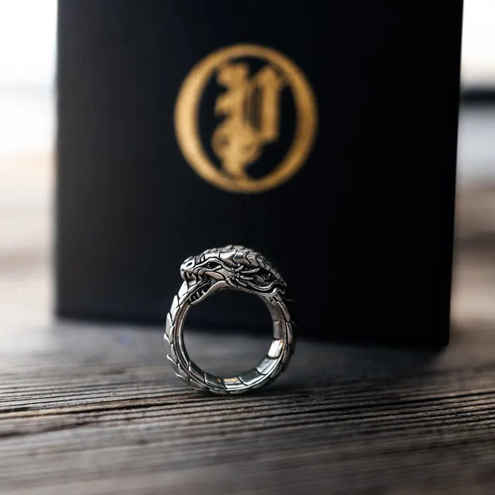 Dragon Silver Ring with Red Garnet Eyes Proclamation Jewelry Rings