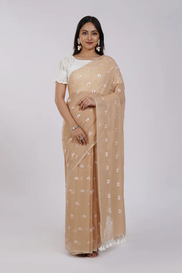 Earrings Teejh Teejh Reiya Beige Embroidered Mulmul Cotton Saree Earrings Teejh Teejh Reiya Beige Embroidered Mulmul Cotton Saree