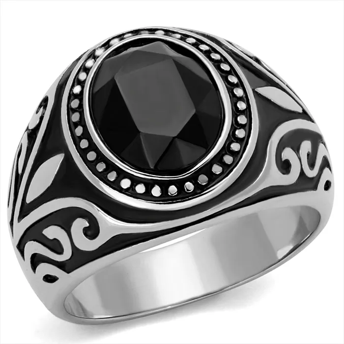 Green Rings CJE2221 Mens Black Silver Motif Ring