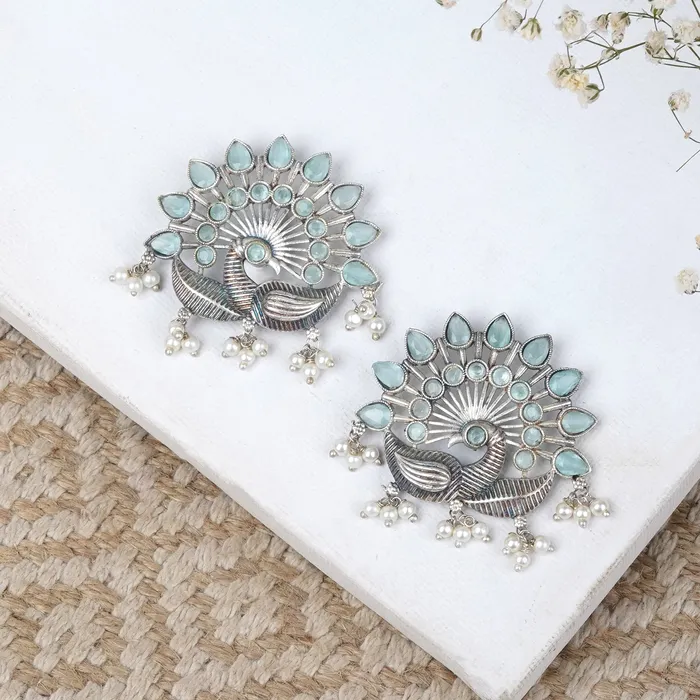 Teejh Earrings Teejh Nirwanshi Light Green Peacock Silver Oxidised Earring