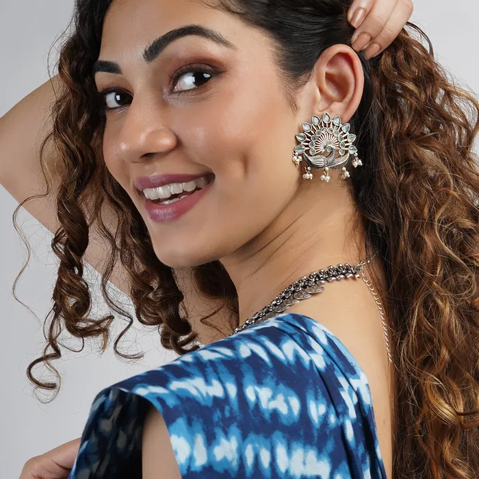 Teejh Earrings Teejh Nirwanshi Light Green Peacock Silver Oxidised Earring Teejh Earrings Teejh Nirwanshi Light Green Peacock Silver Oxidised Earring