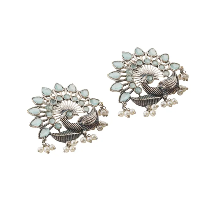 Teejh Earrings Teejh Nirwanshi Light Green Peacock Silver Oxidised Earring Teejh Earrings Teejh Nirwanshi Light Green Peacock Silver Oxidised Earring