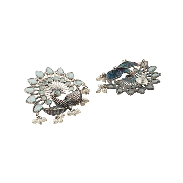 Teejh Earrings Teejh Nirwanshi Light Green Peacock Silver Oxidised Earring Teejh Earrings Teejh Nirwanshi Light Green Peacock Silver Oxidised Earring
