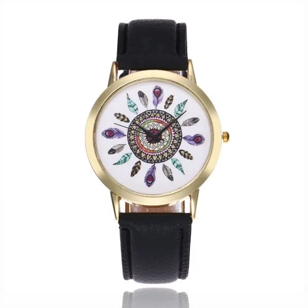 01 Rings W296 Black Band Colorful Feathers Collection Quartz Watch