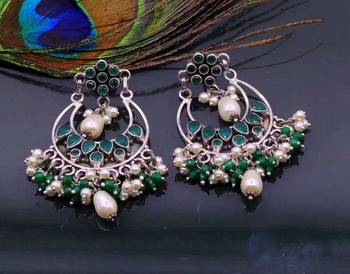 925 sterling silver handmade Green Onyx stone stud earring drop dangling best design charm earrings hanging tiny pearl tribal jewelry s714 TRIBAL ORNAMENTS Earrings