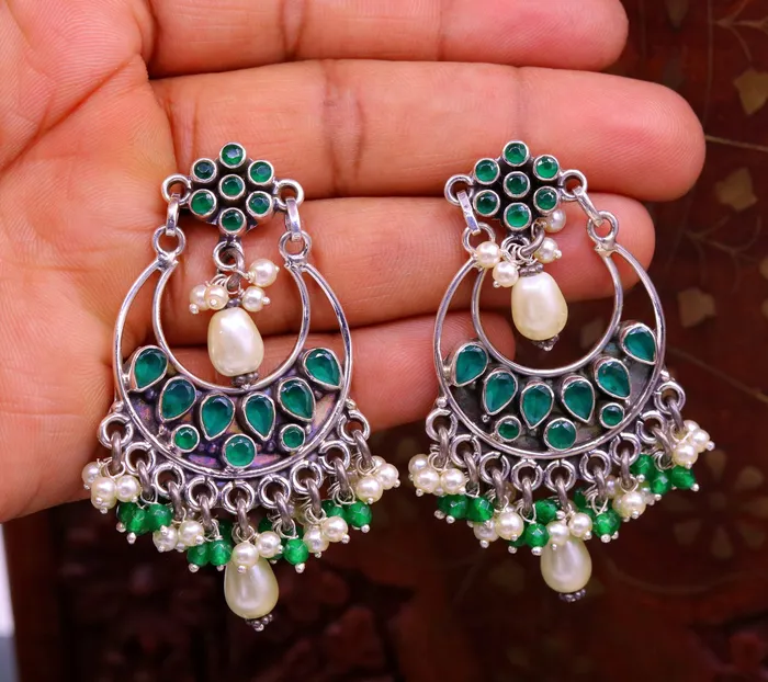925 sterling silver handmade Green Onyx stone stud earring drop dangling best design charm earrings hanging tiny pearl tribal jewelry s714 TRIBAL ORNAMENTS Earrings