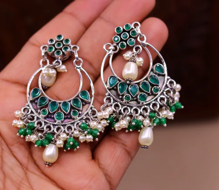925 sterling silver handmade Green Onyx stone stud earring drop dangling best design charm earrings hanging tiny pearl tribal jewelry s714 TRIBAL ORNAMENTS Earrings
