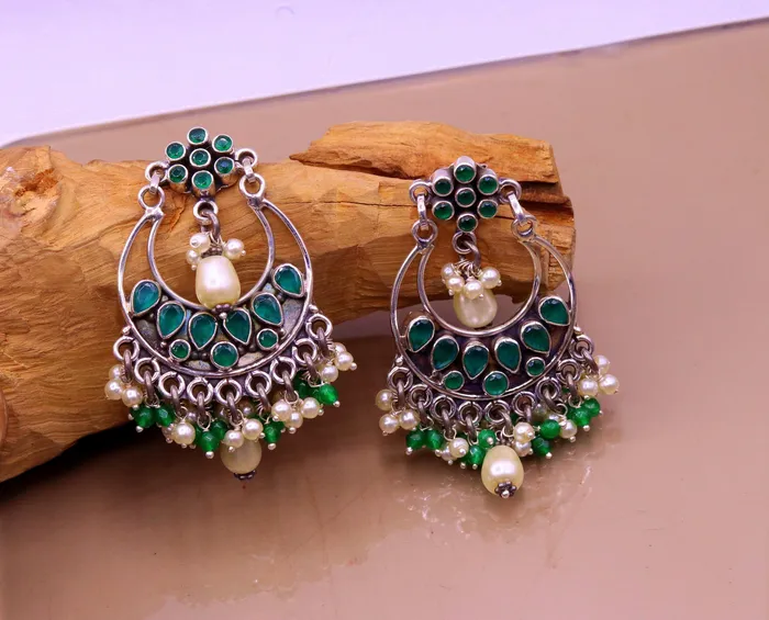 925 sterling silver handmade Green Onyx stone stud earring drop dangling best design charm earrings hanging tiny pearl tribal jewelry s714 TRIBAL ORNAMENTS Earrings