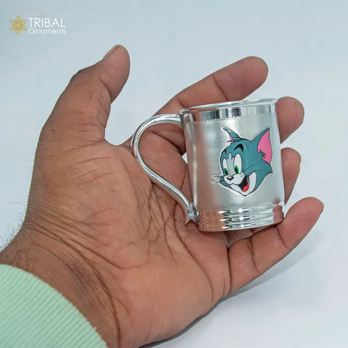 925 sterling silver handmade tom and jerry cartoon design coffee cup or water milk cup tumbler silver baby food flask silver kids utensils gift sv303 TRIBAL ORNAMENTS Necklaces