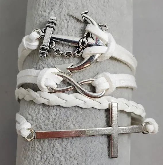 AZ1028 White Cross Anchor Infinity Layer Leather Bracelet alice Bracelets