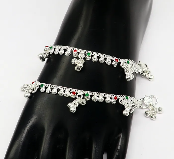 Bracelets TRIBAL ORNAMENTS 55 long handmade Sterling silver amazing vintage style ankle bracelet new born baby anklet noisy sound bells charm anklets jewelry ank419