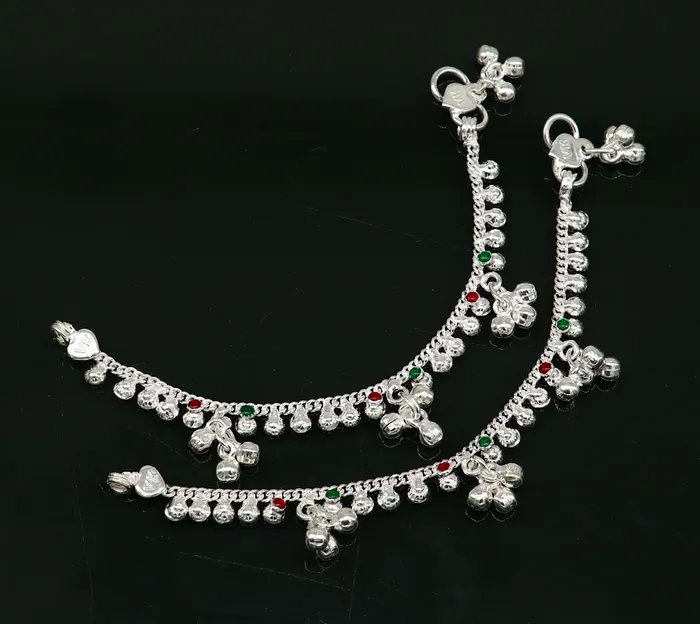Bracelets TRIBAL ORNAMENTS 55 long handmade Sterling silver amazing vintage style ankle bracelet new born baby anklet noisy sound bells charm anklets jewelry ank419