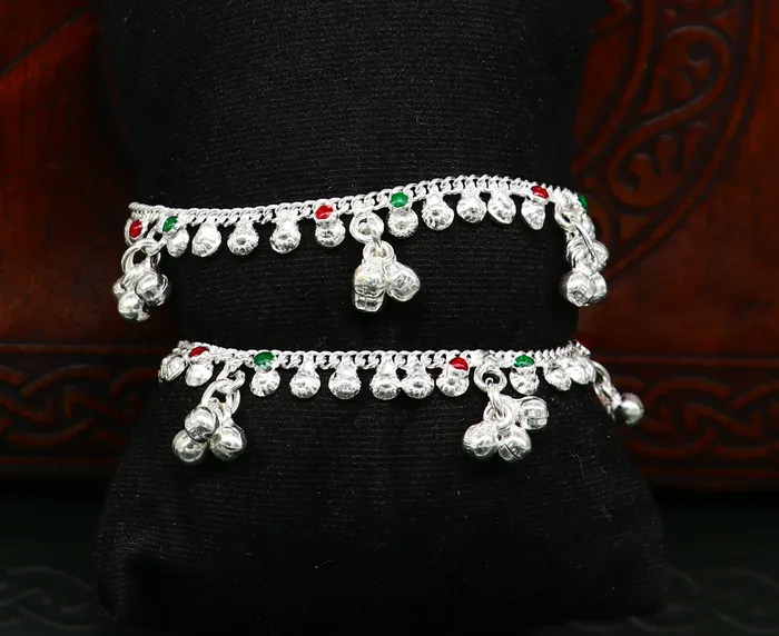 Bracelets TRIBAL ORNAMENTS 55 long handmade Sterling silver amazing vintage style ankle bracelet new born baby anklet noisy sound bells charm anklets jewelry ank419