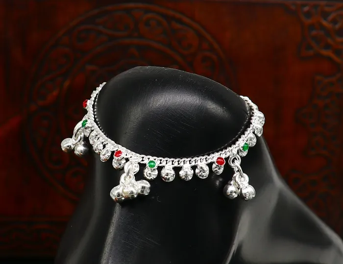 Bracelets TRIBAL ORNAMENTS 55 long handmade Sterling silver amazing vintage style ankle bracelet new born baby anklet noisy sound bells charm anklets jewelry ank419
