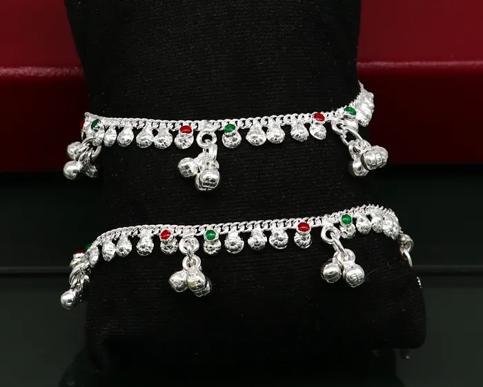 Bracelets TRIBAL ORNAMENTS 55 long handmade Sterling silver amazing vintage style ankle bracelet new born baby anklet noisy sound bells charm anklets jewelry ank419