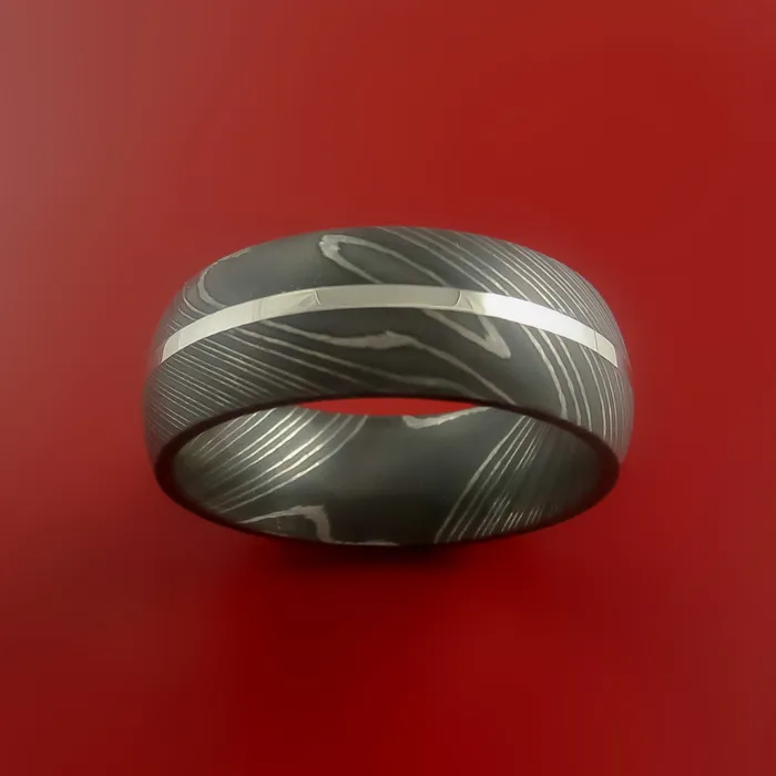 Damascus Steel Ring with 14K White Gold Inlay Custom Made Band Lashbrook Rings