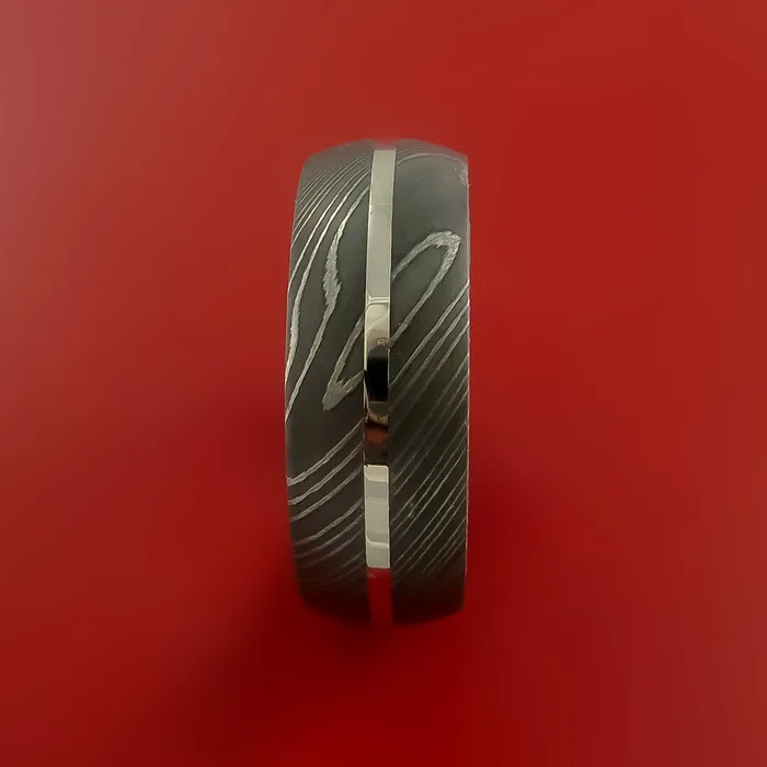 Damascus Steel Ring with 14K White Gold Inlay Custom Made Band Lashbrook Rings