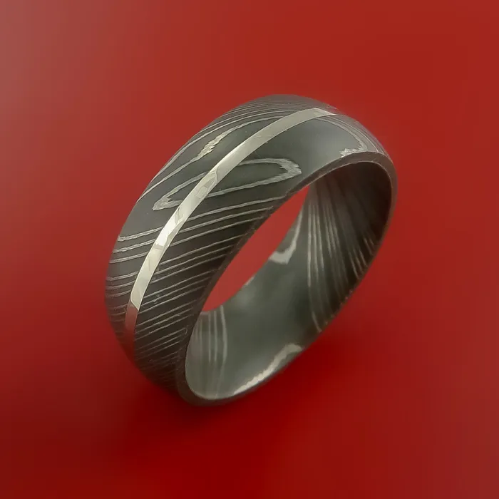 Damascus Steel Ring with 14K White Gold Inlay Custom Made Band Lashbrook Rings