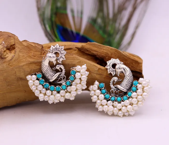 Earrings 925 sterling silver handmade vintage antique design peacock stud earring fabulous hanging pearl and turquoise stone earring jewelry s704 TRIBAL ORNAMENTS Earrings 925 sterling silver handmade vintage antique design peacock stud earring fabulous hanging pearl and turquoise stone earring jewelry s704 TRIBAL ORNAMENTS