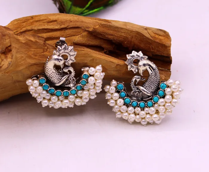 Earrings 925 sterling silver handmade vintage antique design peacock stud earring fabulous hanging pearl and turquoise stone earring jewelry s704 TRIBAL ORNAMENTS