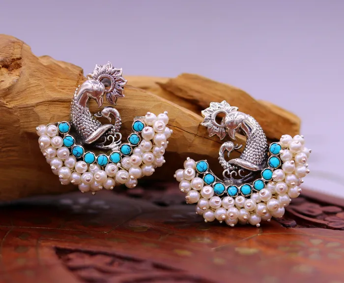 Earrings 925 sterling silver handmade vintage antique design peacock stud earring fabulous hanging pearl and turquoise stone earring jewelry s704 TRIBAL ORNAMENTS