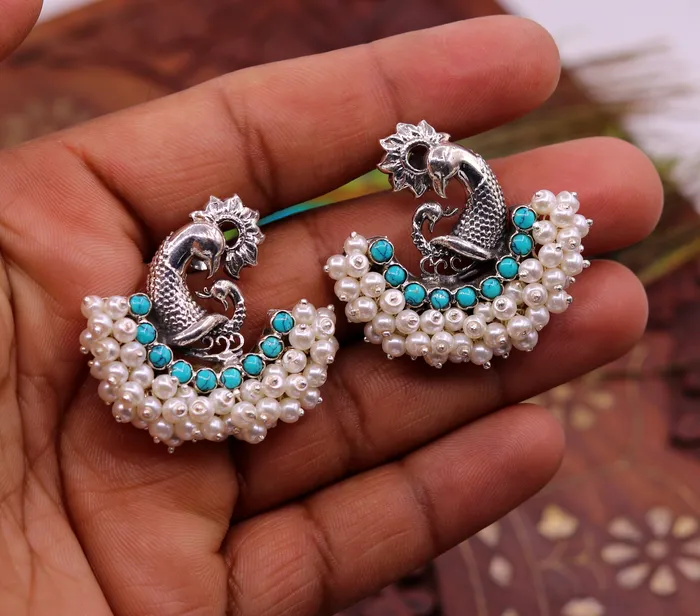 Earrings 925 sterling silver handmade vintage antique design peacock stud earring fabulous hanging pearl and turquoise stone earring jewelry s704 TRIBAL ORNAMENTS
