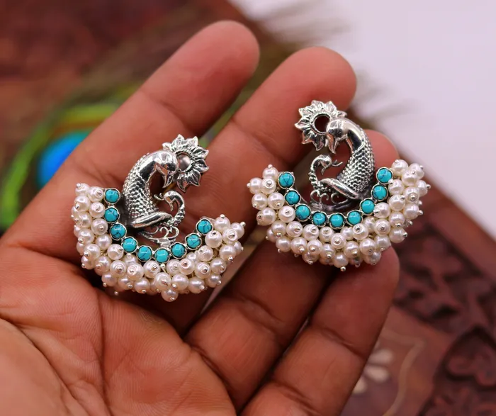 Earrings 925 sterling silver handmade vintage antique design peacock stud earring fabulous hanging pearl and turquoise stone earring jewelry s704 TRIBAL ORNAMENTS