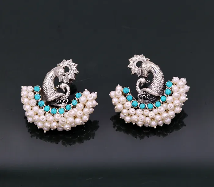 Earrings 925 sterling silver handmade vintage antique design peacock stud earring fabulous hanging pearl and turquoise stone earring jewelry s704 TRIBAL ORNAMENTS