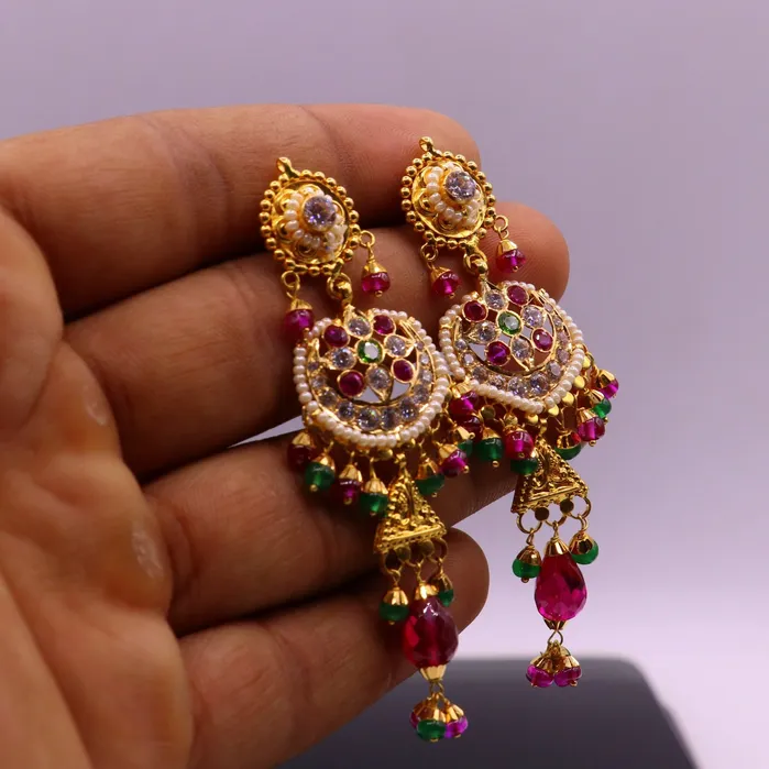 Earrings Indian authentic handmade 22karat yellow gold fabulous punjabi muslim style stud earrings dangling with fabulous color stone womens jewelry TRIBAL ORNAMENTS Earrings Indian authentic handmade 22karat yellow gold fabulous punjabi muslim style stud earrings dangling with fabulous color stone womens jewelry TRIBAL ORNAMENTS