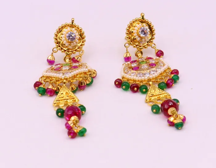 Earrings Indian authentic handmade 22karat yellow gold fabulous punjabi muslim style stud earrings dangling with fabulous color stone womens jewelry TRIBAL ORNAMENTS