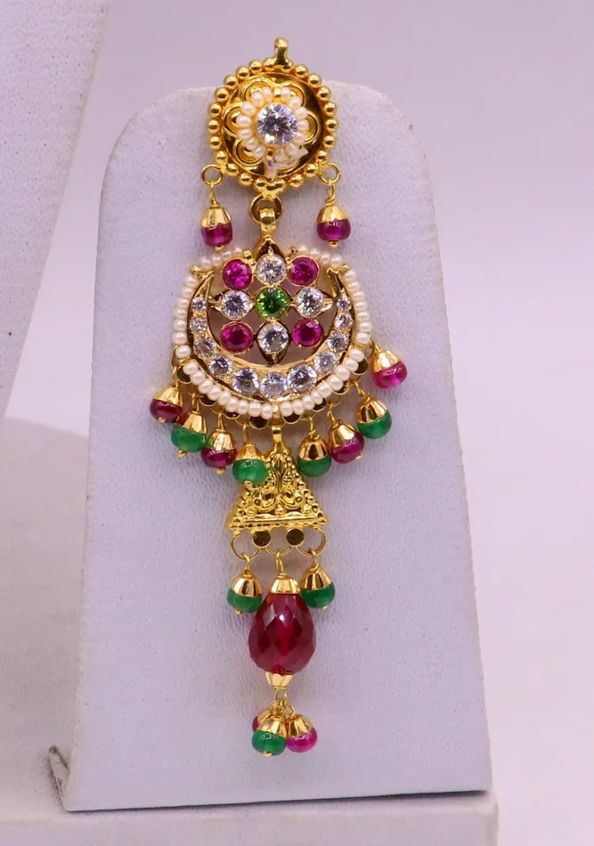 Earrings Indian authentic handmade 22karat yellow gold fabulous punjabi muslim style stud earrings dangling with fabulous color stone womens jewelry TRIBAL ORNAMENTS