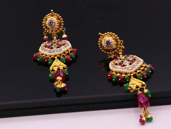 Earrings Indian authentic handmade 22karat yellow gold fabulous punjabi muslim style stud earrings dangling with fabulous color stone womens jewelry TRIBAL ORNAMENTS