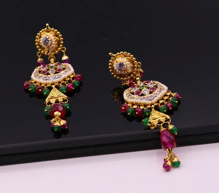 Earrings Indian authentic handmade 22karat yellow gold fabulous punjabi muslim style stud earrings dangling with fabulous color stone womens jewelry TRIBAL ORNAMENTS