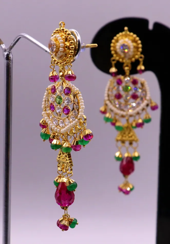 Earrings Indian authentic handmade 22karat yellow gold fabulous punjabi muslim style stud earrings dangling with fabulous color stone womens jewelry TRIBAL ORNAMENTS