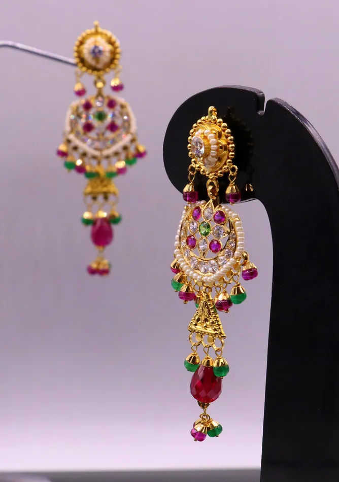 Earrings Indian authentic handmade 22karat yellow gold fabulous punjabi muslim style stud earrings dangling with fabulous color stone womens jewelry TRIBAL ORNAMENTS