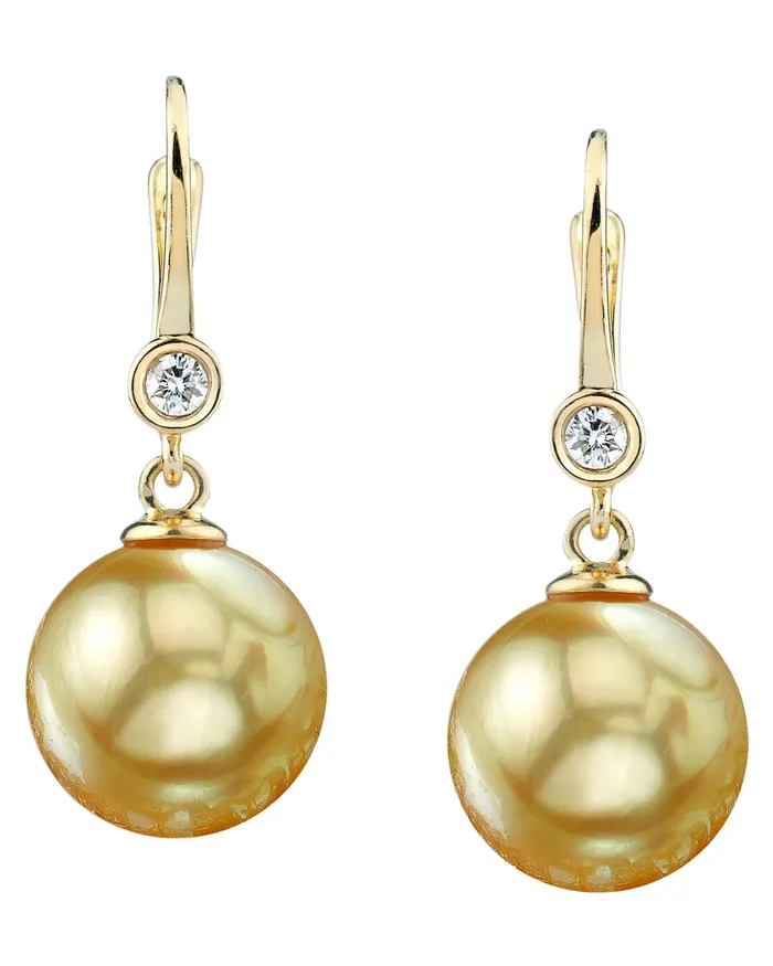 Earrings spt Golden South Sea Pearl Diamond Bezel Dangle Earrings