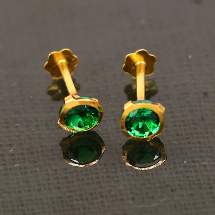 Earrings TRIBAL ORNAMENTS 4mm 18k yellow gold handmade fabulous green cubic zircon stone excellent antique vintage design stud earrings pair unisex jewelry er115