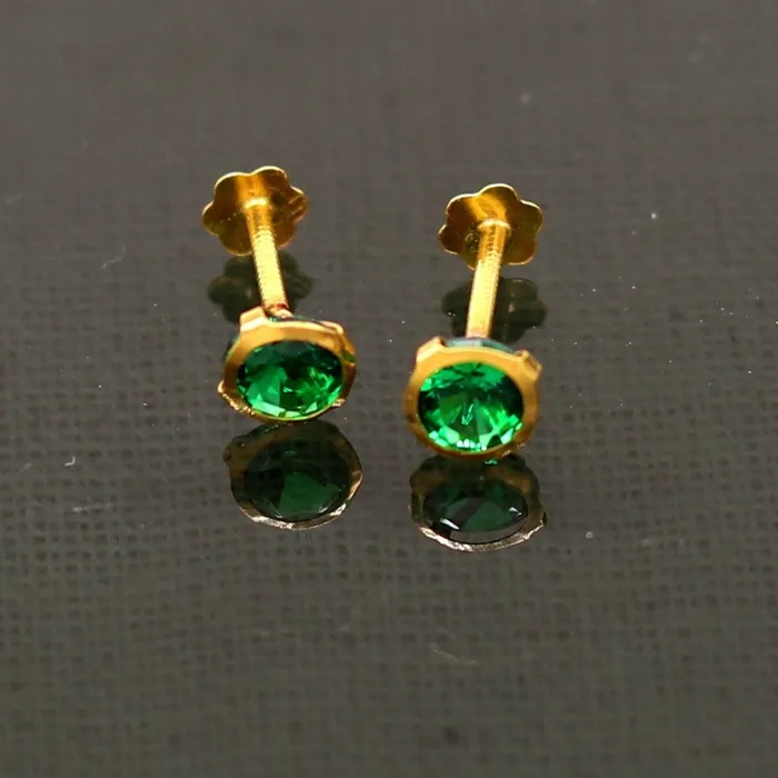 Earrings TRIBAL ORNAMENTS 4mm 18k yellow gold handmade fabulous green cubic zircon stone excellent antique vintage design stud earrings pair unisex jewelry er115