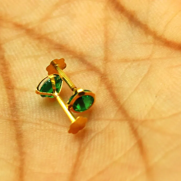 Earrings TRIBAL ORNAMENTS 4mm 18k yellow gold handmade fabulous green cubic zircon stone excellent antique vintage design stud earrings pair unisex jewelry er115