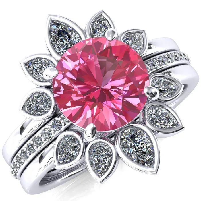 Fire Brilliance Flora Round Pink Sapphire 12 Eternity Accent Diamond Ring Rings Fire Brilliance Flora Round Pink Sapphire 12 Eternity Accent Diamond Ring Rings