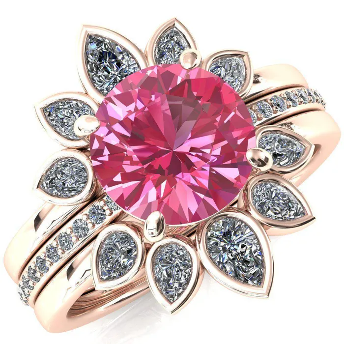 Fire Brilliance Flora Round Pink Sapphire 12 Eternity Accent Diamond Ring Rings