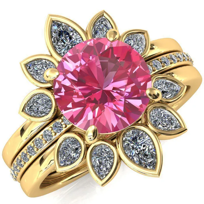 Fire Brilliance Flora Round Pink Sapphire 12 Eternity Accent Diamond Ring Rings