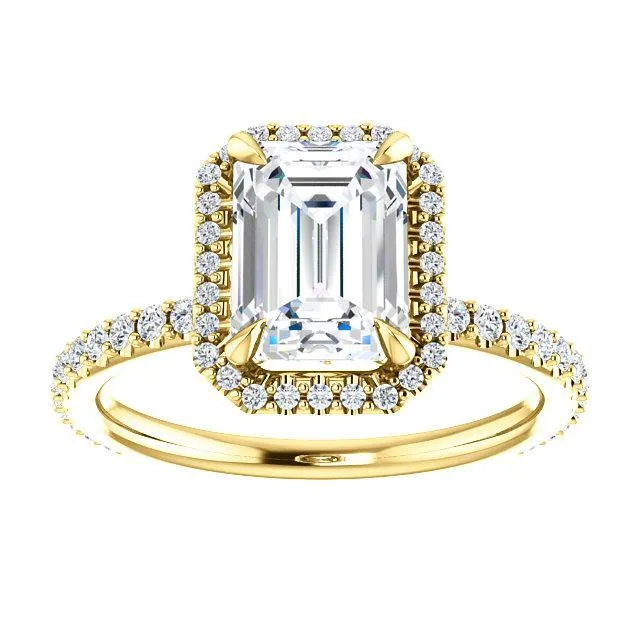 Fire Brilliance Rings Emerald Moissanite Diamond Accent Ice Halo Collar Ring