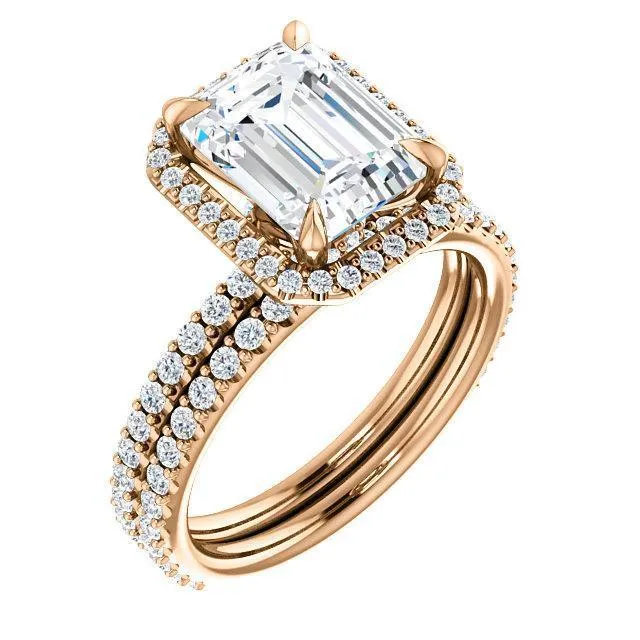 Fire Brilliance Rings Emerald Moissanite Diamond Accent Ice Halo Collar Ring