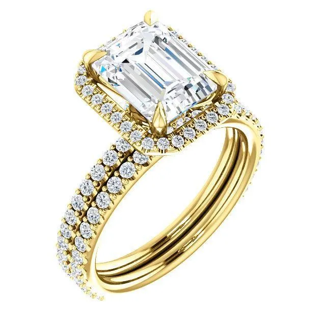 Fire Brilliance Rings Emerald Moissanite Diamond Accent Ice Halo Collar Ring